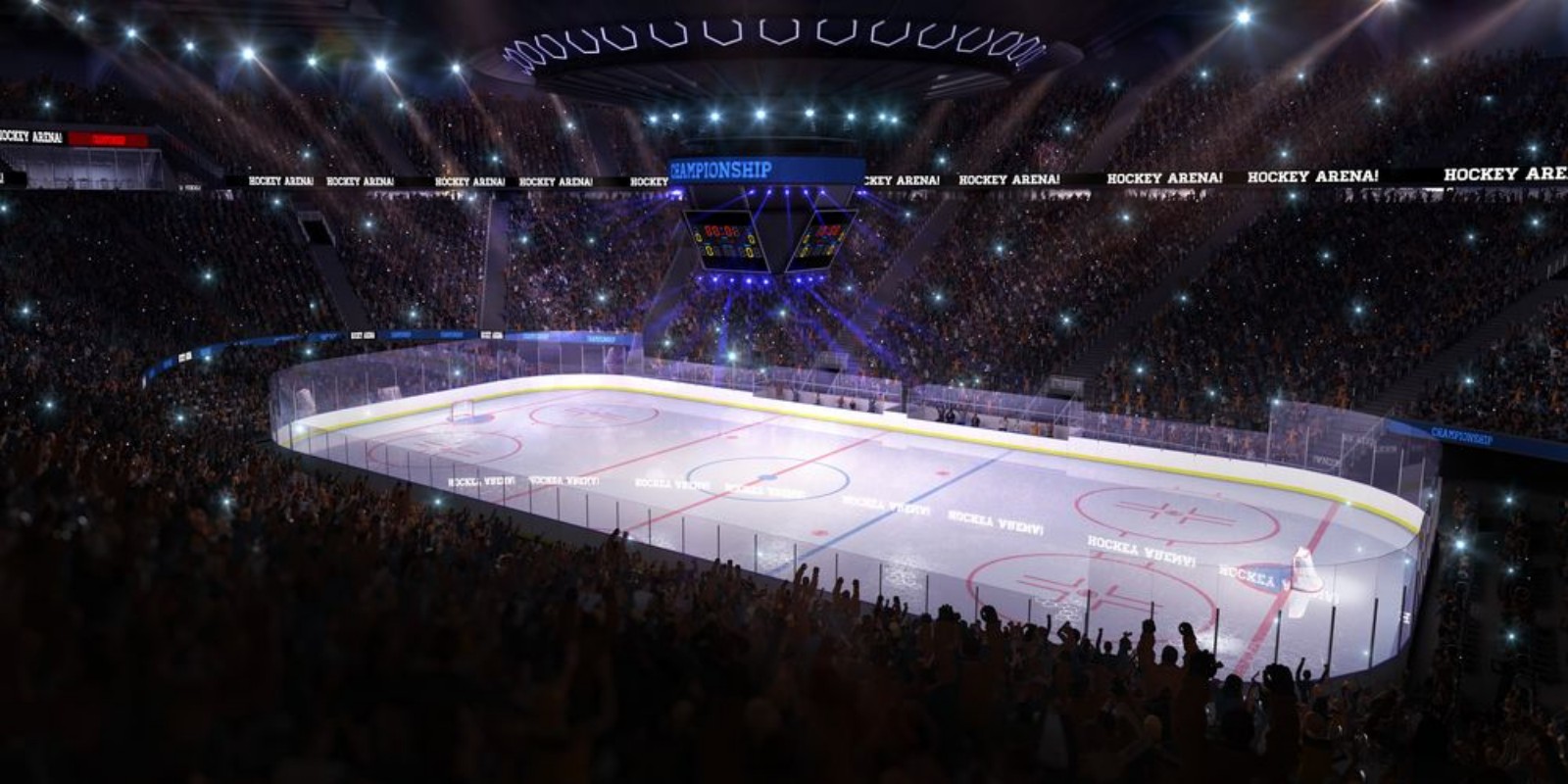 Afbeeldingen van Sport hockey stadium 3d render whith people fans and light