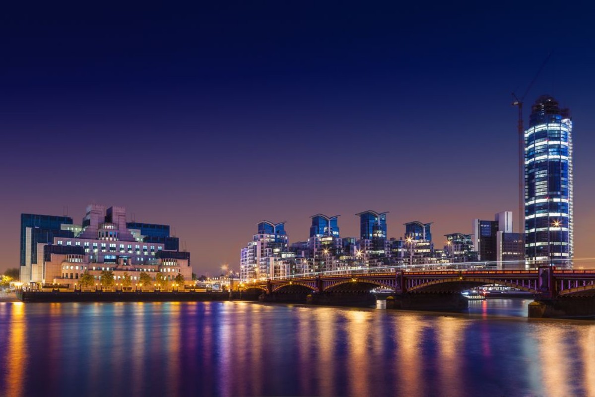 Picture of MI6 Building St George Wharf The Tower and Vauxhall Bridge on the Thames at night London UK
