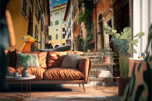 Afbeeldingen van Orange vintage scooter on the background of Rome street