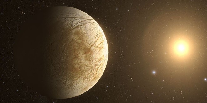 Image de A rendered Image of the Jupiter Moon Europa on a starry background