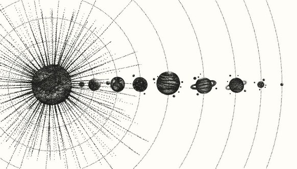 Bild på Solar system in dotwork style planets in orbit vintage hand drawn illustration