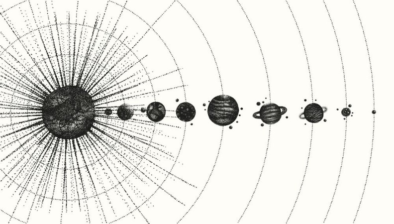 Picture of Solar system in dotwork style planets in orbit vintage hand drawn illustration