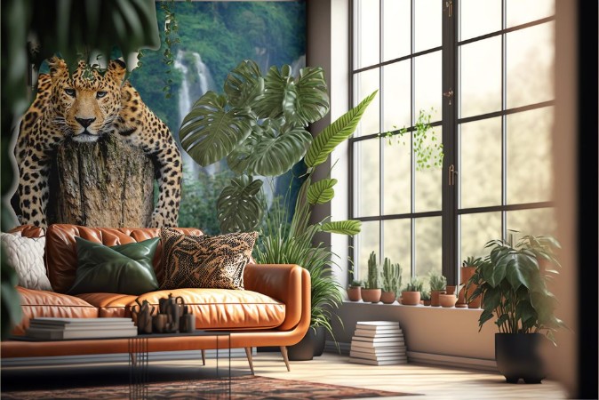 Afbeeldingen van Leopard on waterfall background