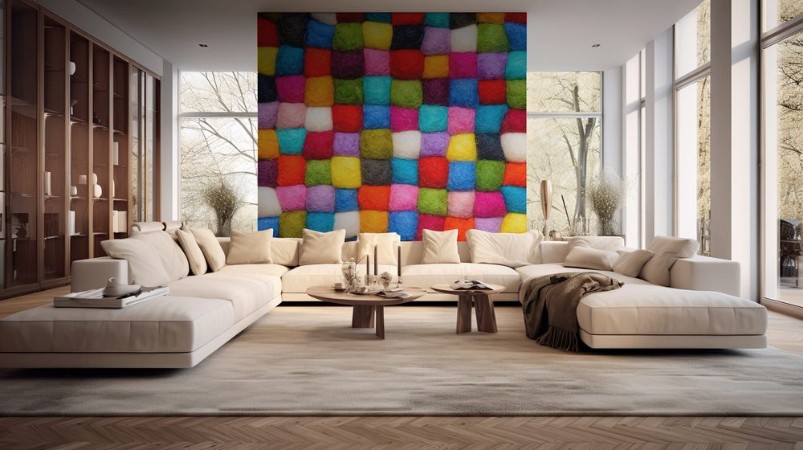 Image de Color wool background - balls of syntetic wool yarn - geometric rainbow pattern