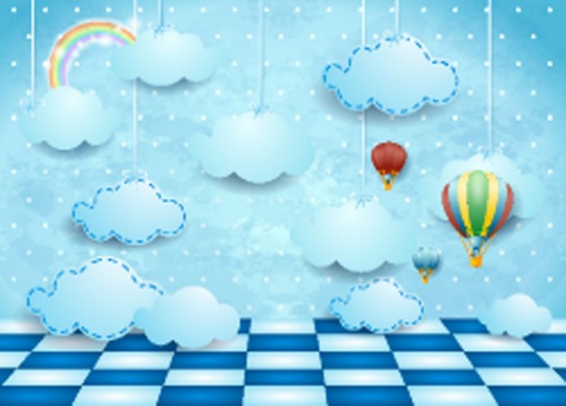 Afbeeldingen van Surreal landscape with hanging clouds balloons and floor