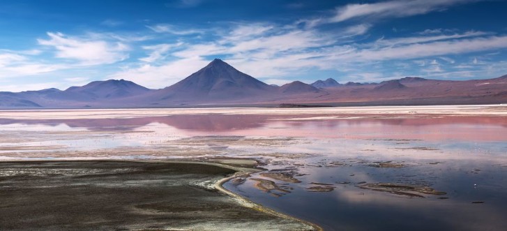 Bild på Colorada lagoon with flamingos on the plateau Altiplano Eduardo Avaroa Andean Fauna National Reserve Bolivia