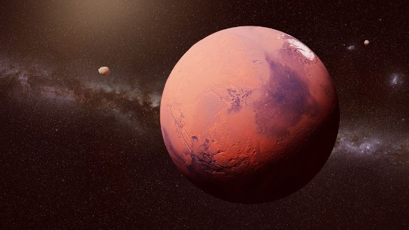 Planet Mars in front of the Milky Way galaxy with Moons of Mars Phobos and Deimos photowallpaper Scandiwall