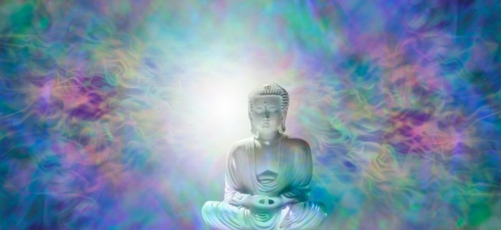 Afbeeldingen van Pure Enlightenment Buddha Banner - Buddha in meditative lotus position with white light behind head on a beautiful multicolored energy field background  and plenty of copy space 