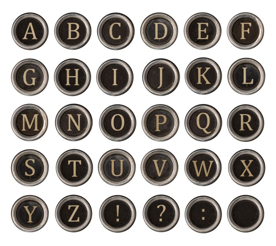Picture of Set of old typewriter keys with alphabet on it isolated on white background