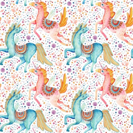 Afbeeldingen van Watercolor pair of flying unicorns seamless pattern on background with bubbles and hearts