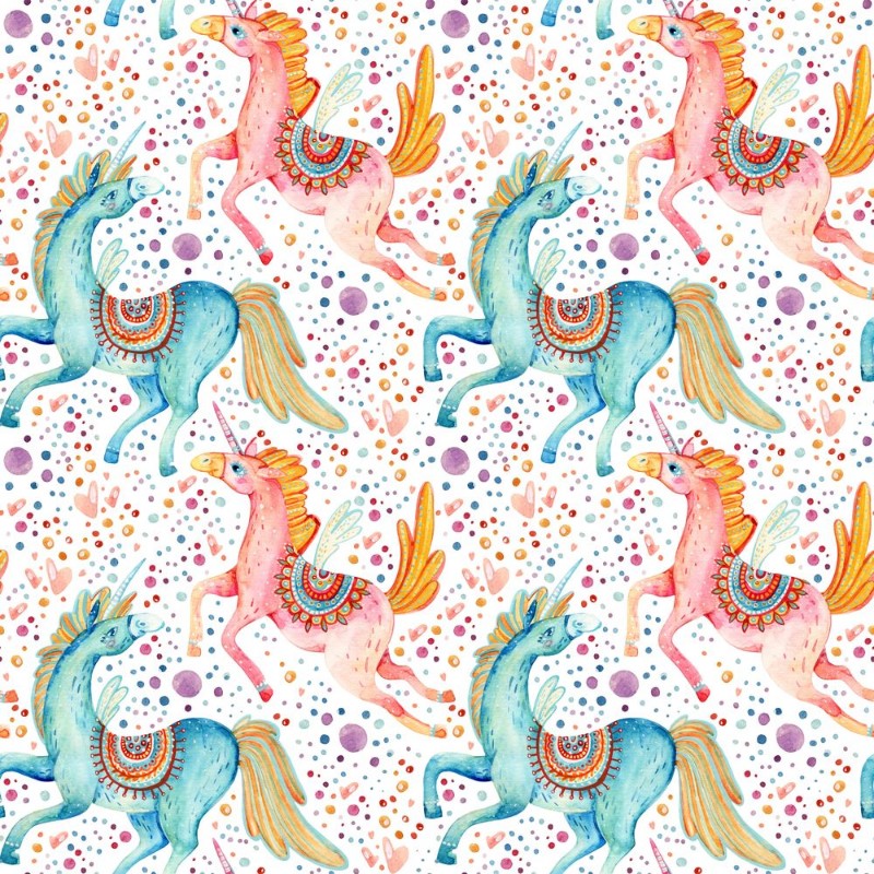 Picture of Watercolor pair of flying unicorns seamless pattern on background with bubbles and hearts