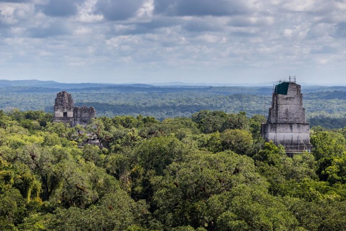 Afbeeldingen van Tops of Mayan ruins peek over tops of trees in Tikal Guatemala