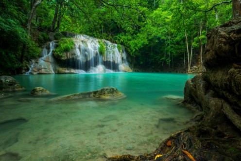 Picture of Beautiful and Breathtaking green waterfall Erawans waterfall Located Kanchanaburi Province Thailand