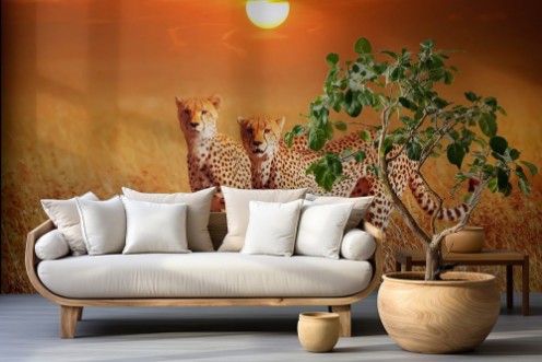 Afbeeldingen van Two cheetahs in the Serengeti National Park Synchronous position 