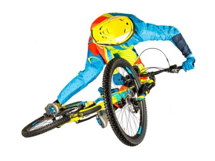 Afbeeldingen van Extrem whip jump on mountain bike isolated on white background  downhill freeride enduro concept