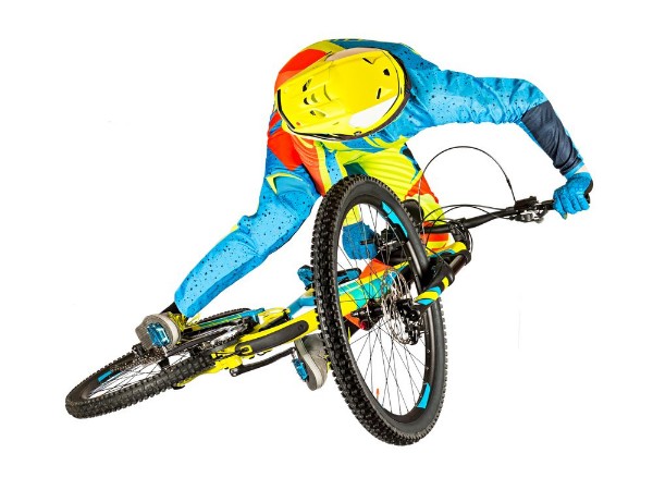 Picture of Extrem whip jump on mountain bike isolated on white background downhill freeride enduro concept