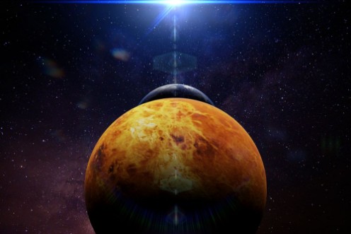 Afbeeldingen van Planet Venus in front of the Earth and the Sun 