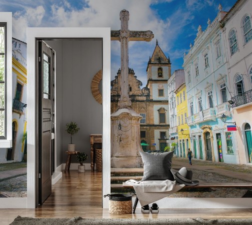 Image de Bright view of Pelourinho in Salvador Brazil dominated by the large colonial Cruzeiro de Sao Francisco Christian stone cross in the Praa Anchieta