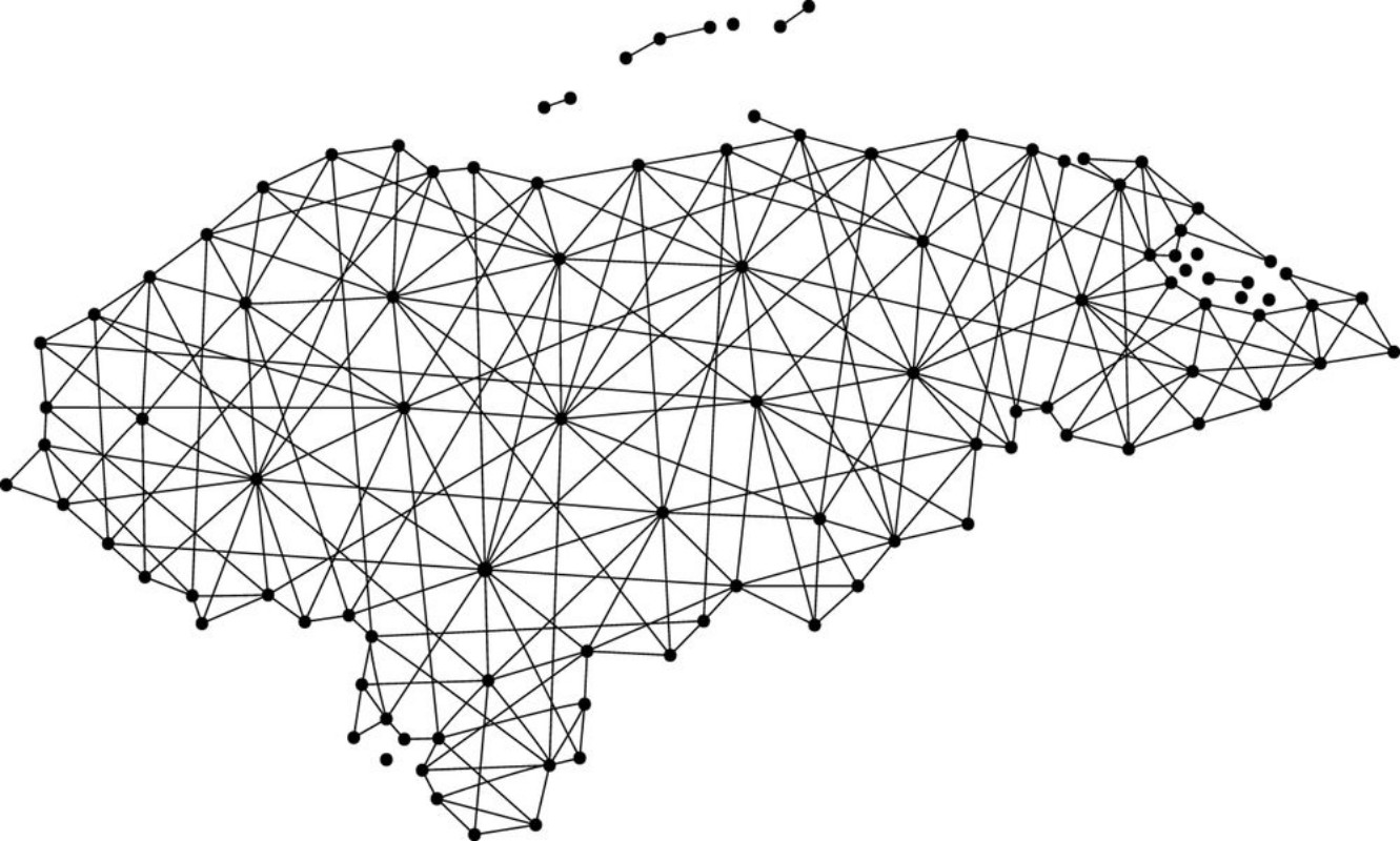 Afbeeldingen van Map of Honduras from polygonal black lines and dots of vector illustration