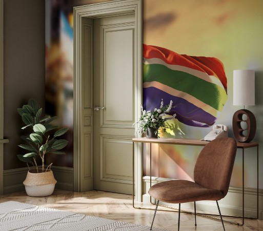 Picture of South Africa Flag Against City Blurred Background At Sunrise Backlight