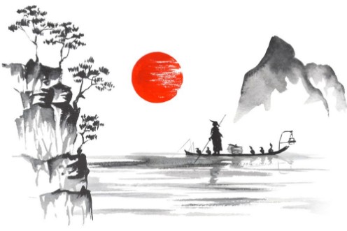 Afbeeldingen van Japan Traditional japanese painting Sumi-e art Japan Traditional japanese painting Sumi-e art Man with boat