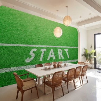 Picture of Sunny artificial green grass with painted start line pattern on the ground