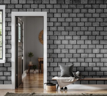 Bild på Dark brick wall texture of black stone blocks high resolution panorama