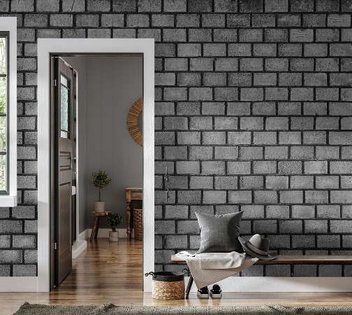 Image de Dark brick wall texture of black stone blocks high resolution panorama