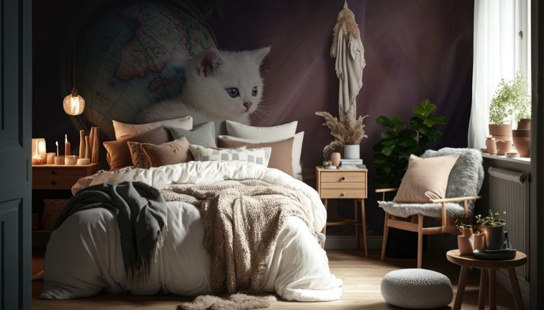 Bild på White British Shorthair kitten lies on a stack of books on the background of the globe