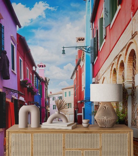 Afbeeldingen van Street with multicolored houses of Burano island Venice Italy retro toned