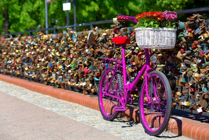Picture of Pink bike standing on the bridge of love