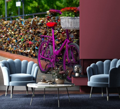 Picture of Pink bike standing on the bridge of love