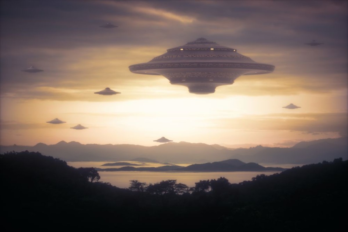 Afbeeldingen van 3D illustration with photography Alien invasion of spaceships