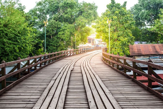 Picture of Mon Bridge Wooden bridge over the river in Sangkhlaburi District Kanchanaburi Thailand
