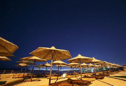 Picture of Sunshade beach umbrellas against night sky in Egypt