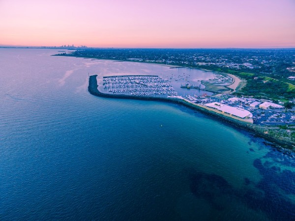 Aerial view of Sandringham Yacht club and marina at sunset Melbourne Victoria Australia photowallpaper Scandiwall