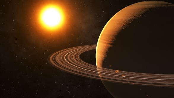 Bild på The sun shines on Saturn in space high quality 3d illustration