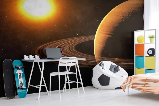 Afbeeldingen van The sun shines on Saturn in space high quality 3d illustration