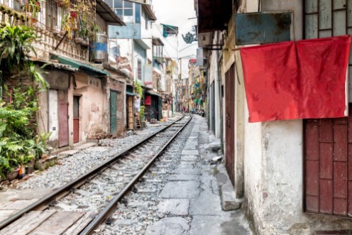 Hanoi Street with Train Tracks in Vietnam photowallpaper Scandiwall