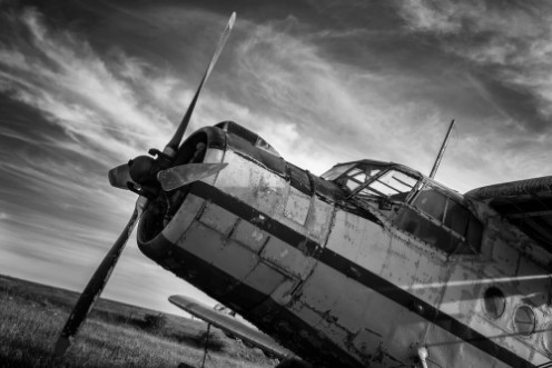 Picture of Old airplane on field in black and white
