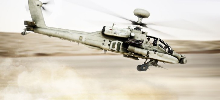 Afbeeldingen van Attack Apache longbow helicopter gunship flying fast and low with dust debris in its wake 3d rendering