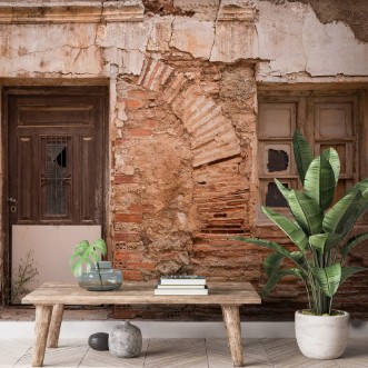 Picture of Ancient wooden door and a window on a wall made of bricks