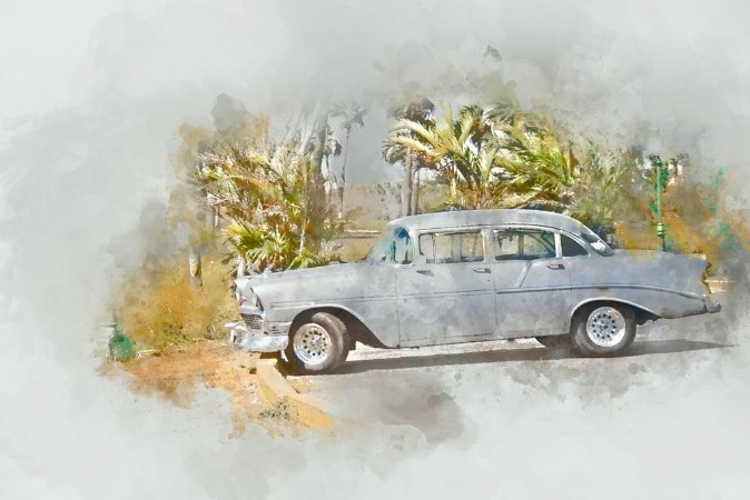 Afbeeldingen van Silver old car in Cuba watercolor