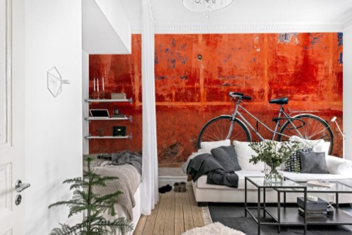 Afbeeldingen van Old bike standing at colorful red wall