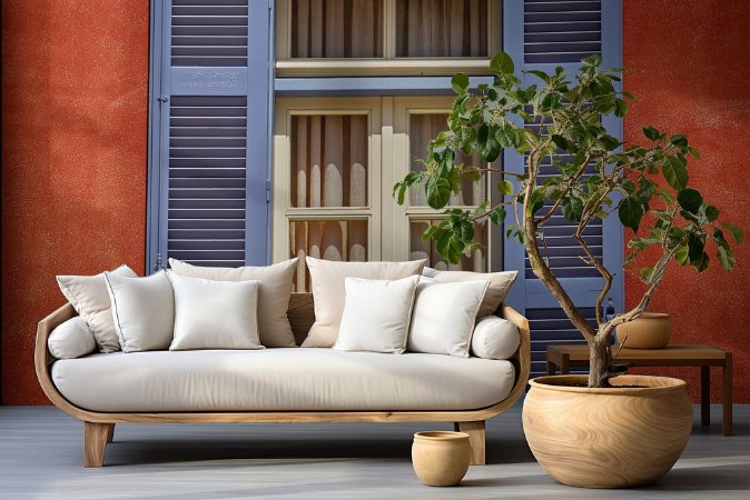 Picture of Elegant vintage window on orange house wall