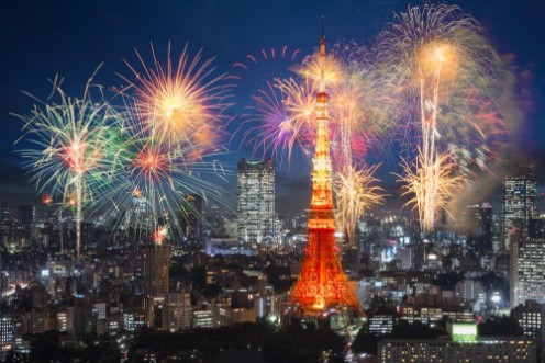 Fireworks celebrating over tokyo photowallpaper Scandiwall