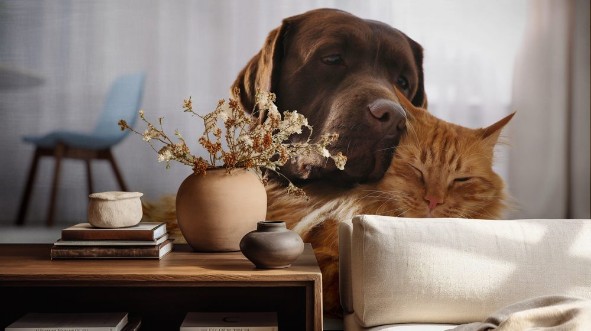 Afbeeldingen van Cat and dog together on floor indoors