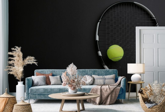 Afbeeldingen van Tennis racket and ball on black background