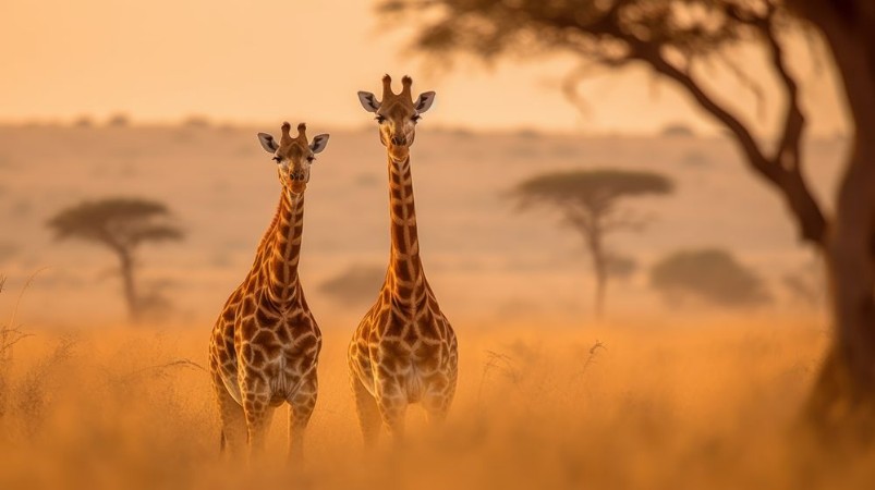 Afbeeldingen van Pair of giraffes standing in the savannah