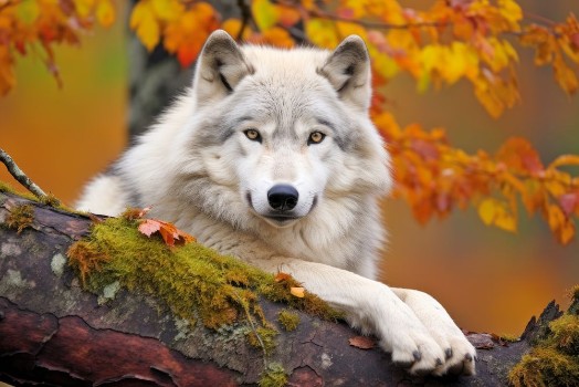 Bild på A white wolf resting on a branch in autumn
